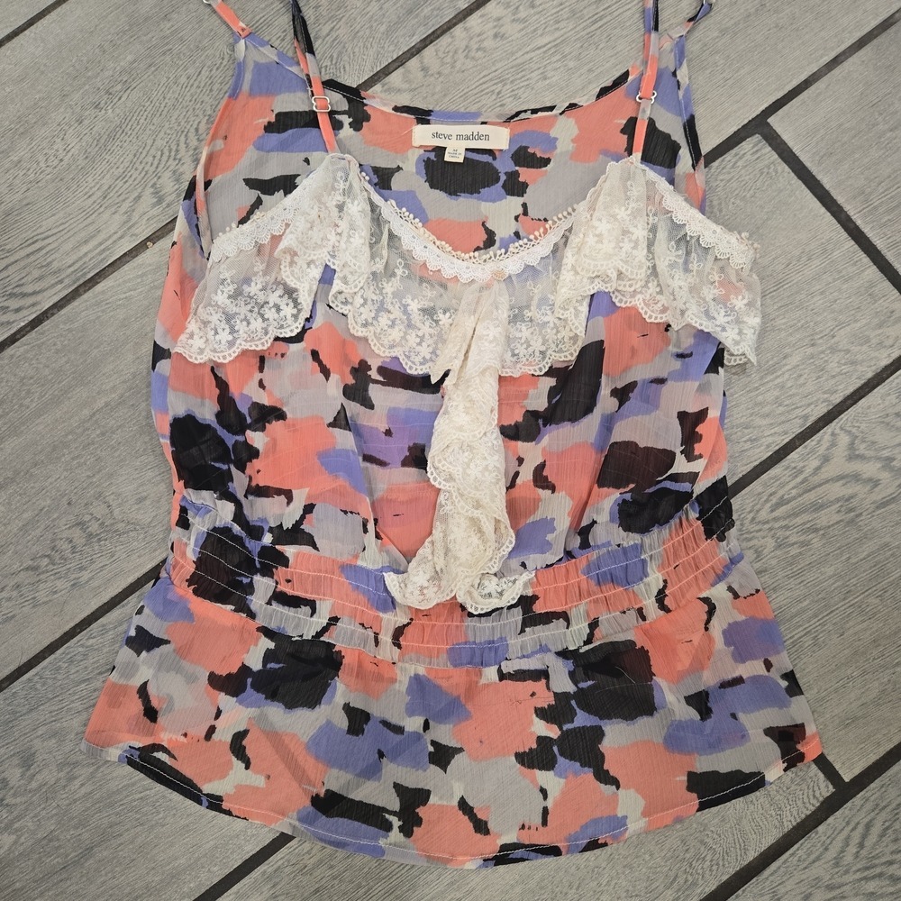 Steve Madden Abstract Floral Cold Shoulder Lace Trim Cami Top M